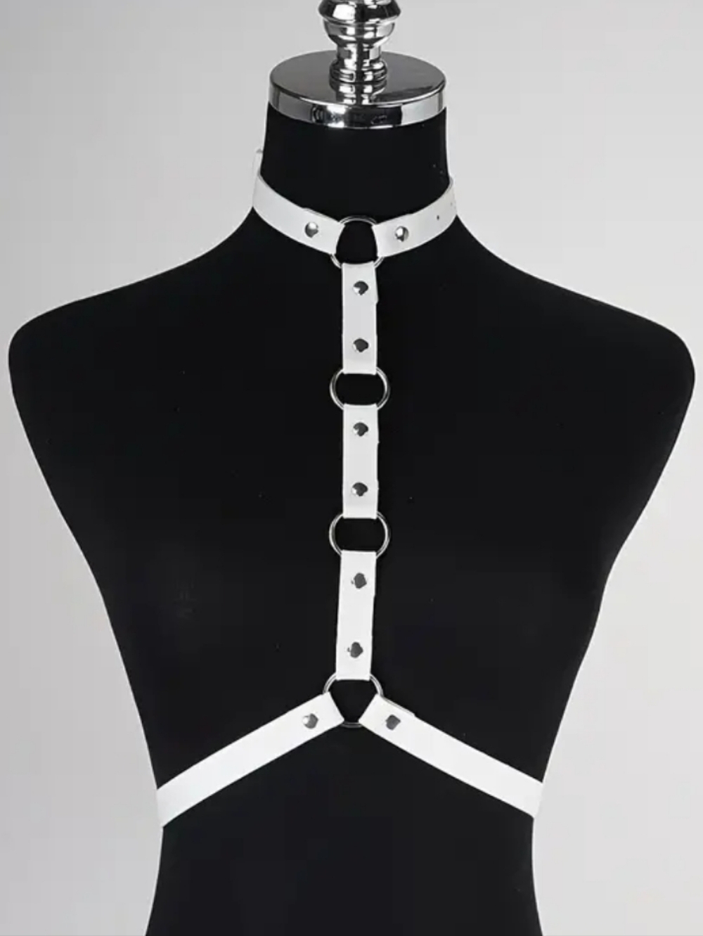 White PU Leather BDSM Bondage Body Harness Choker W/Silver O-Rings (OS) 🔥